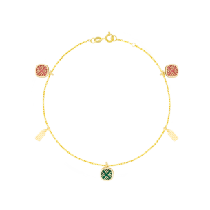 Amelia España Green and Orange Mother Of Pearl Anklet Three Motifs in 18K Yellow Gold 