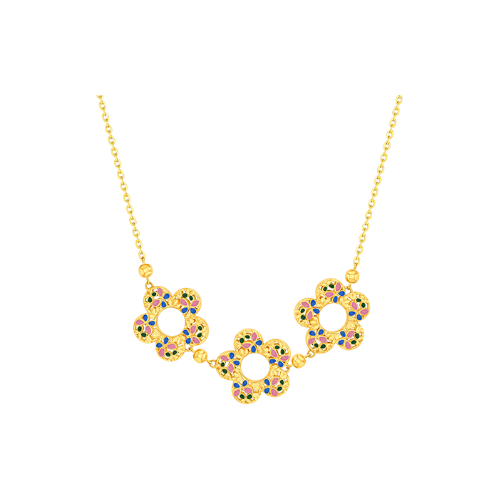 Farfasha Bloom Purple & Green Enamel Trio Motif Necklace  