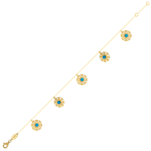 Farfasha Sunkiss Anklet in 18K Yellow Gold With Five Arfaj Flowers studded with Turquoise